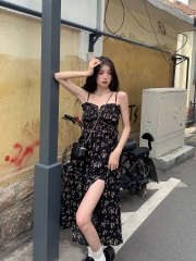 JOEYJOY酒一黑色碎花连衣裙女装夏季气质吊带裙长裙法式短袖裙子