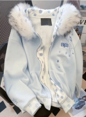 设计感雪花刺绣毛领连帽卫衣女秋冬加绒加厚宽松休闲保暖学生外套 M 蓝色 设计感雪花刺绣毛领连帽卫衣女秋冬加绒加厚宽松休闲保暖学生外套 M 蓝色